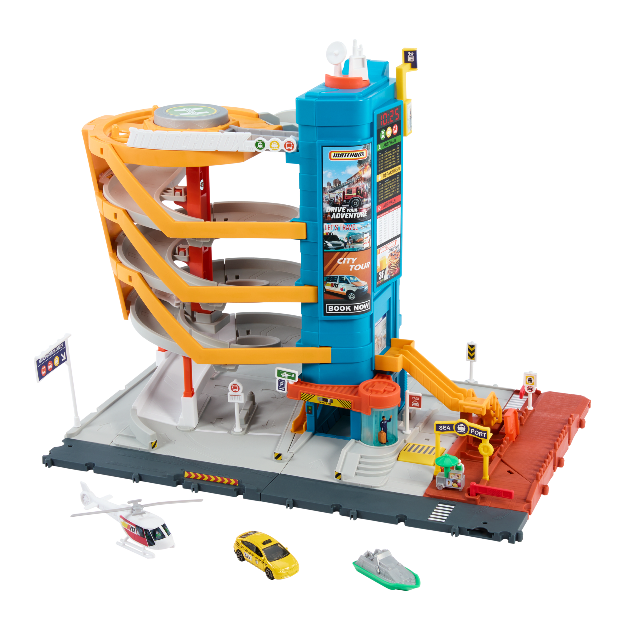 fisher price Matchbox Action Drivers Transportation Center With A 1:64 Scale Taxi, Boat & Helicopter Plus A Food Vendor Accessory (3 Vehicles, 1 Accessory)