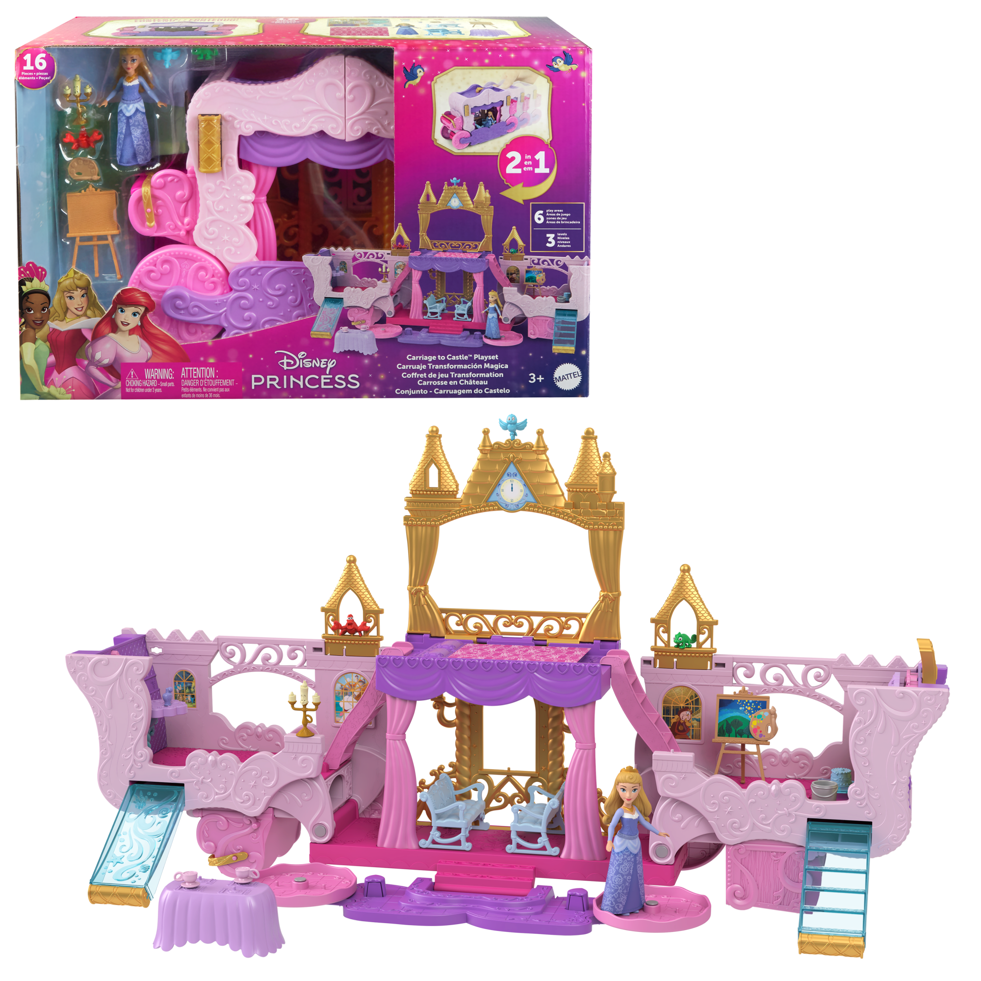 fisher price Disney Princess Carriage To Castle Transforming Playset With Aurora Small Doll, 4 Figures & 3 Levels