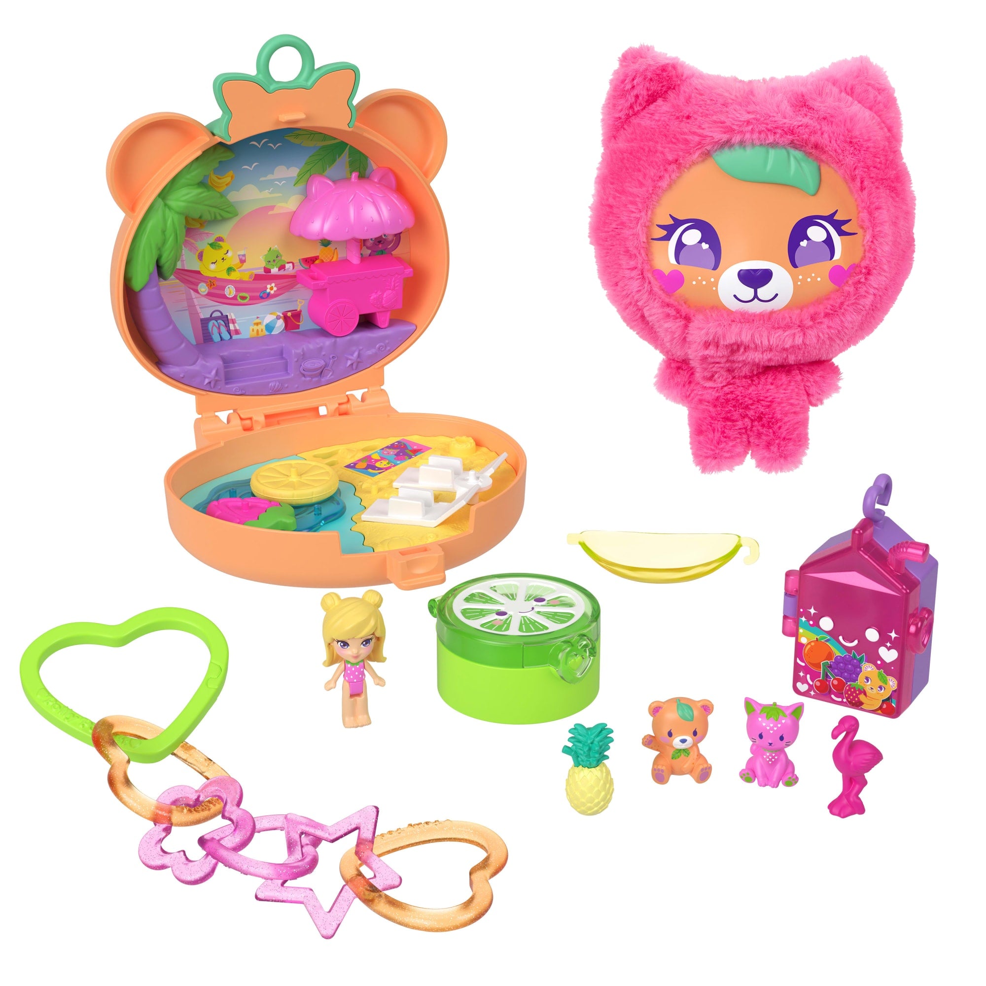 fisher price Polly Pocket Plushie Bear Compact, Doll & Keychain Playset With Pets, Fruit Themed Accessories
