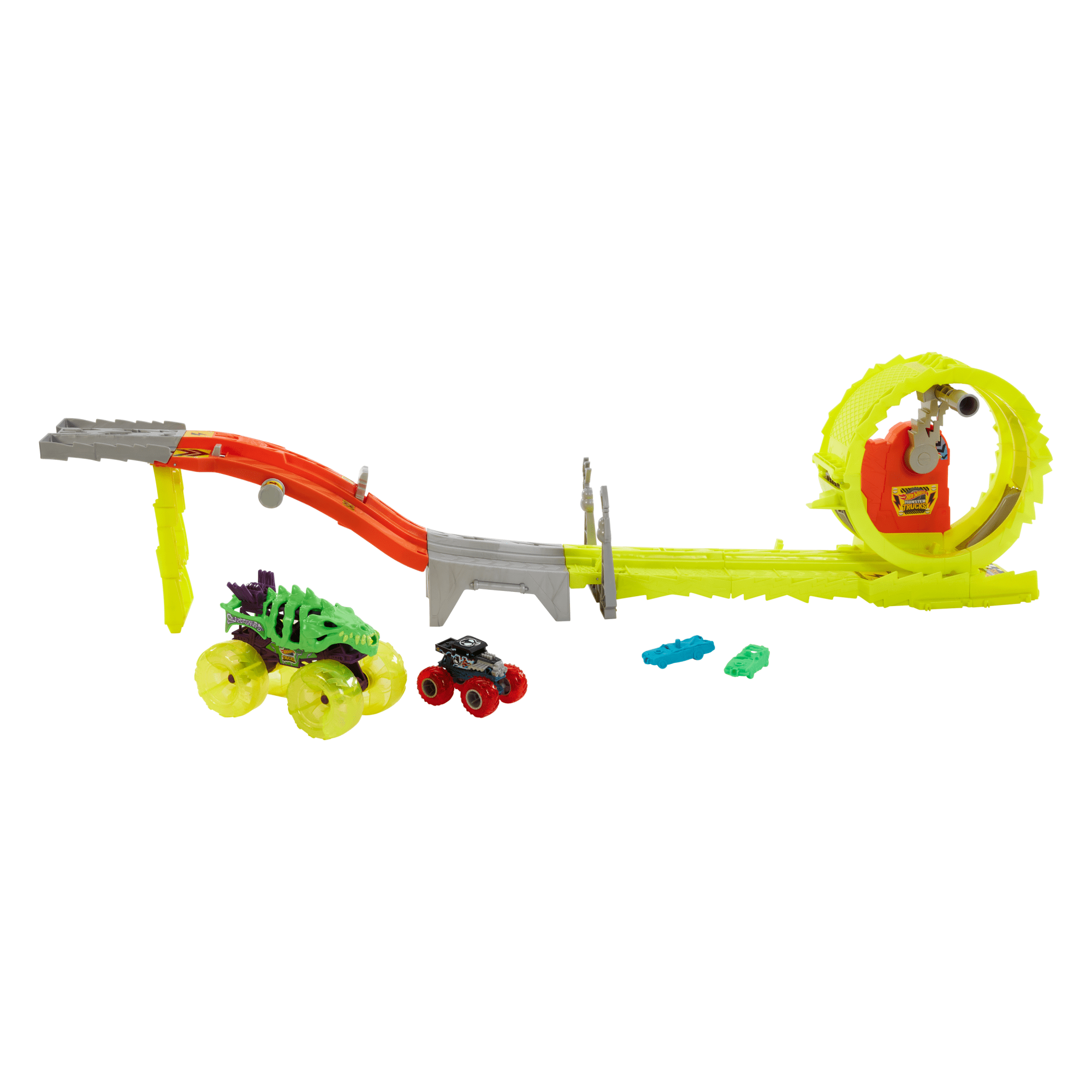 fisher price Hot Wheels Monster Trucks Power Smashers Charge & Chase Challenge Track Set With Oversized Skelesaurus, 1:64 Scale Bone Shaker & 2 Crushed Cars