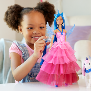 fisher price Barbie Unicorn Toy, 65th Anniversary Doll With Blue Hair, Pink Gown & Pet Alicorn