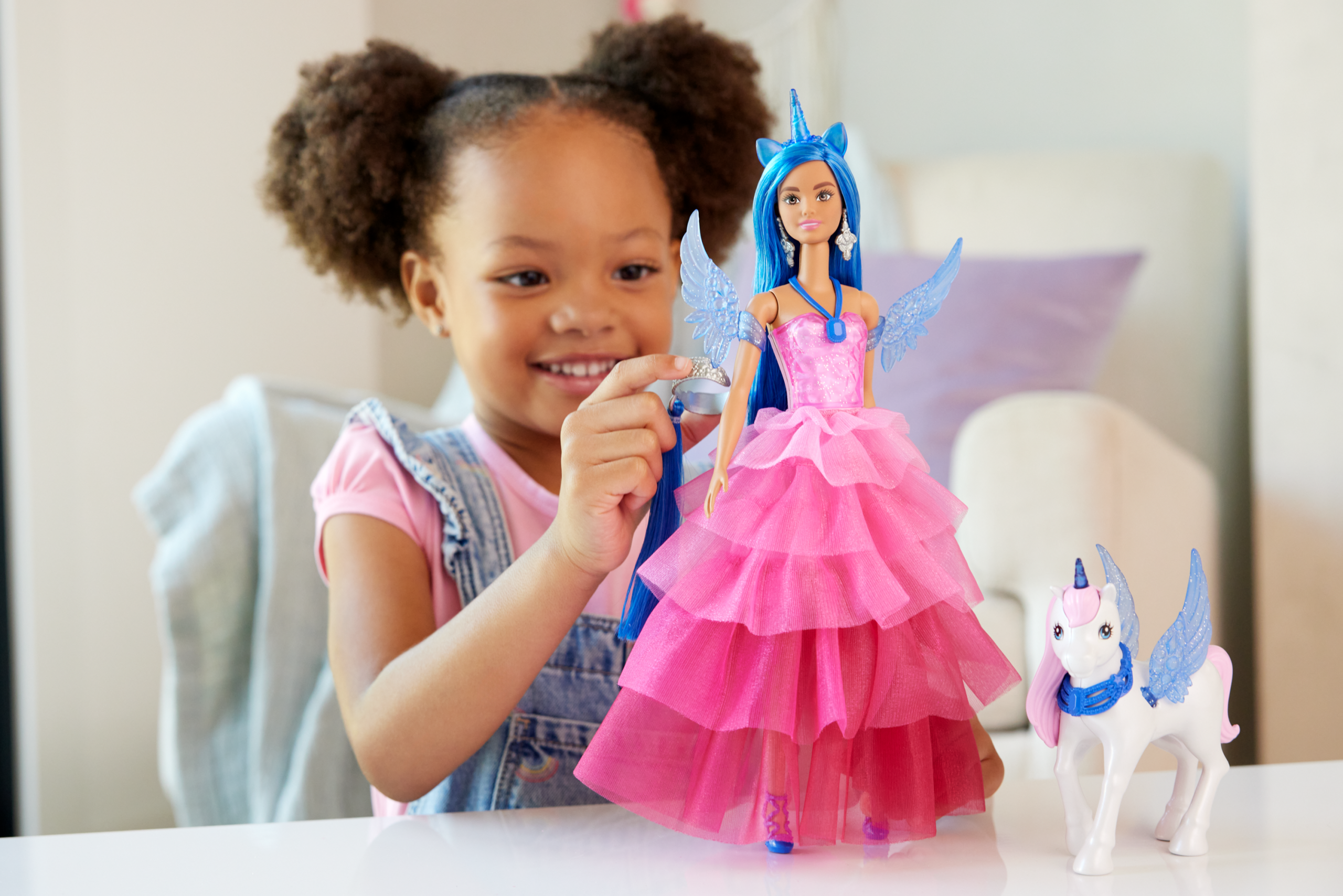 fisher price Barbie Unicorn Toy, 65th Anniversary Doll With Blue Hair, Pink Gown & Pet Alicorn