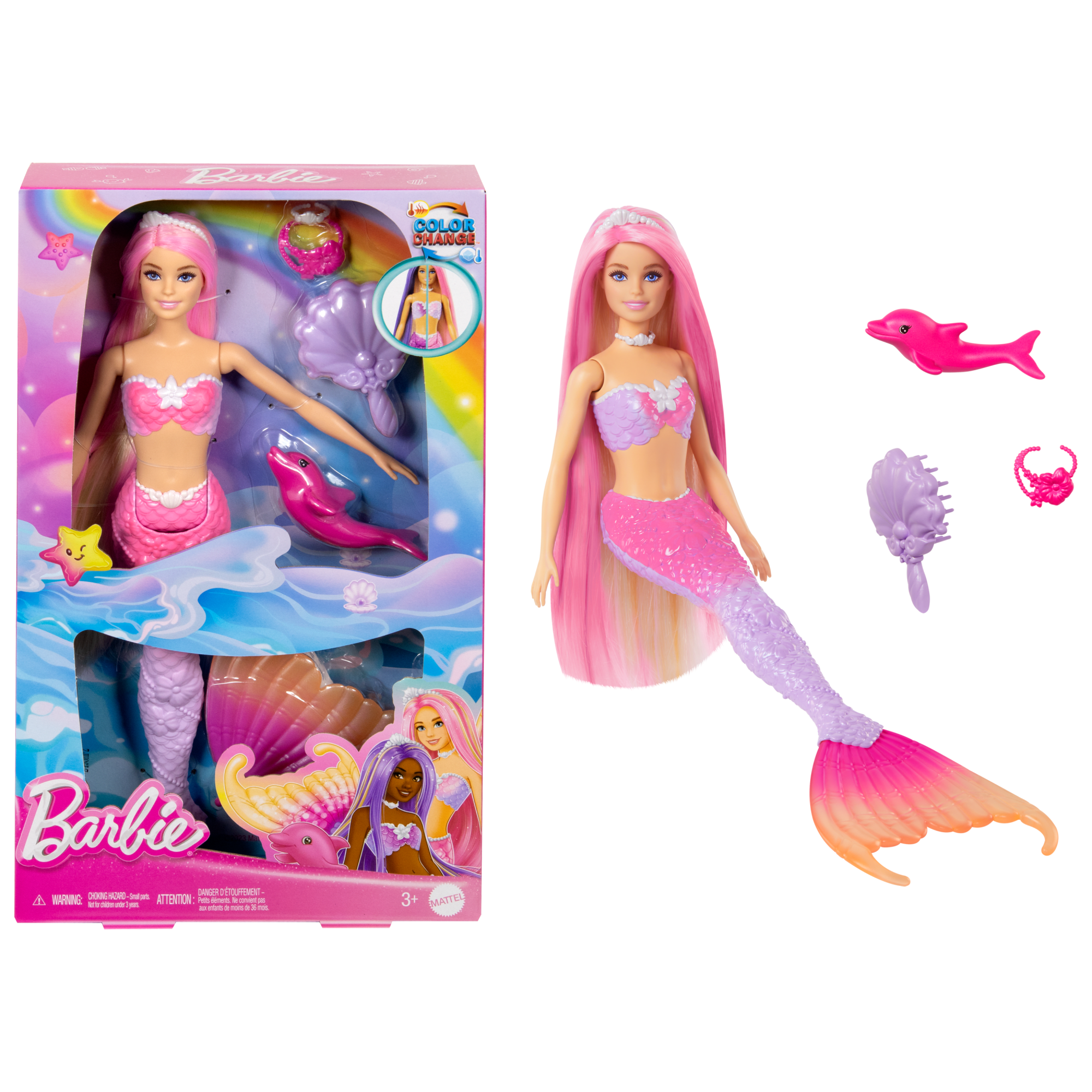fisher price Barbie ??Malibu?? Mermaid Doll With Color Change Feature, Pet Dolphin And Accessories