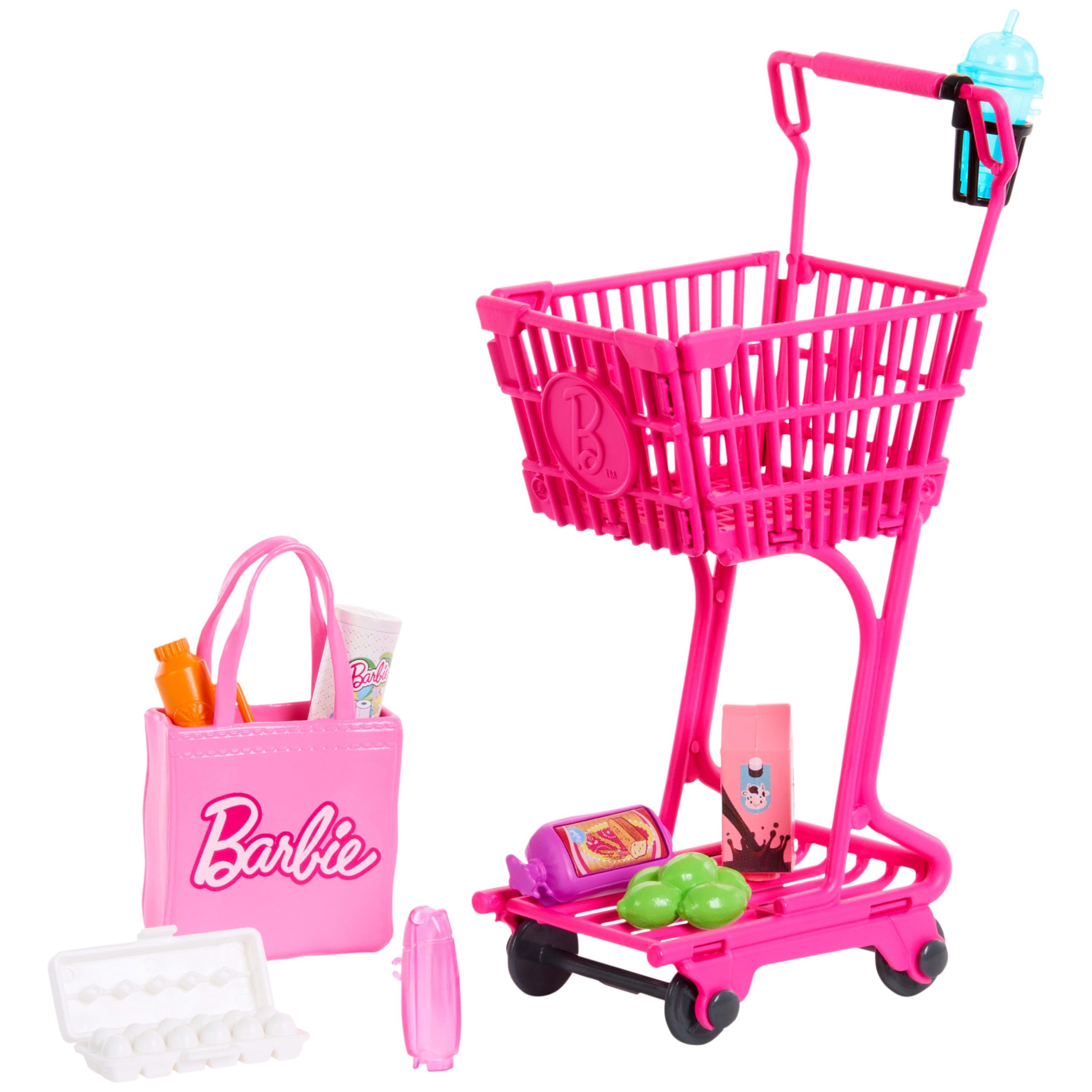 fisher price Barbie World Grocery Shopping Toy Set With 11 Doll Accessories Including Cart, Food, Bag, & More