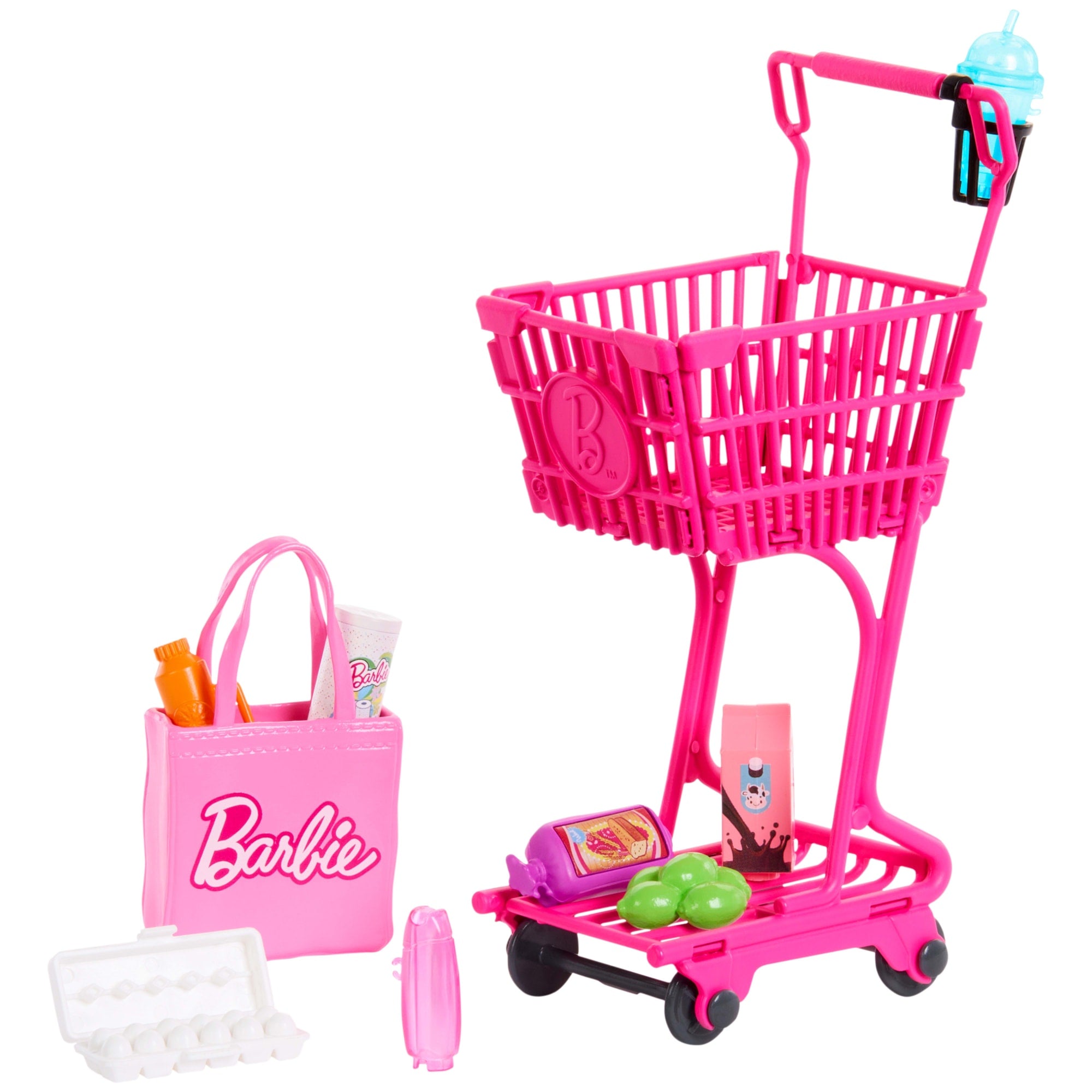 fisher price Barbie World Grocery Shopping Toy Set With 11 Doll Accessories including Cart, Food, Bag, & More