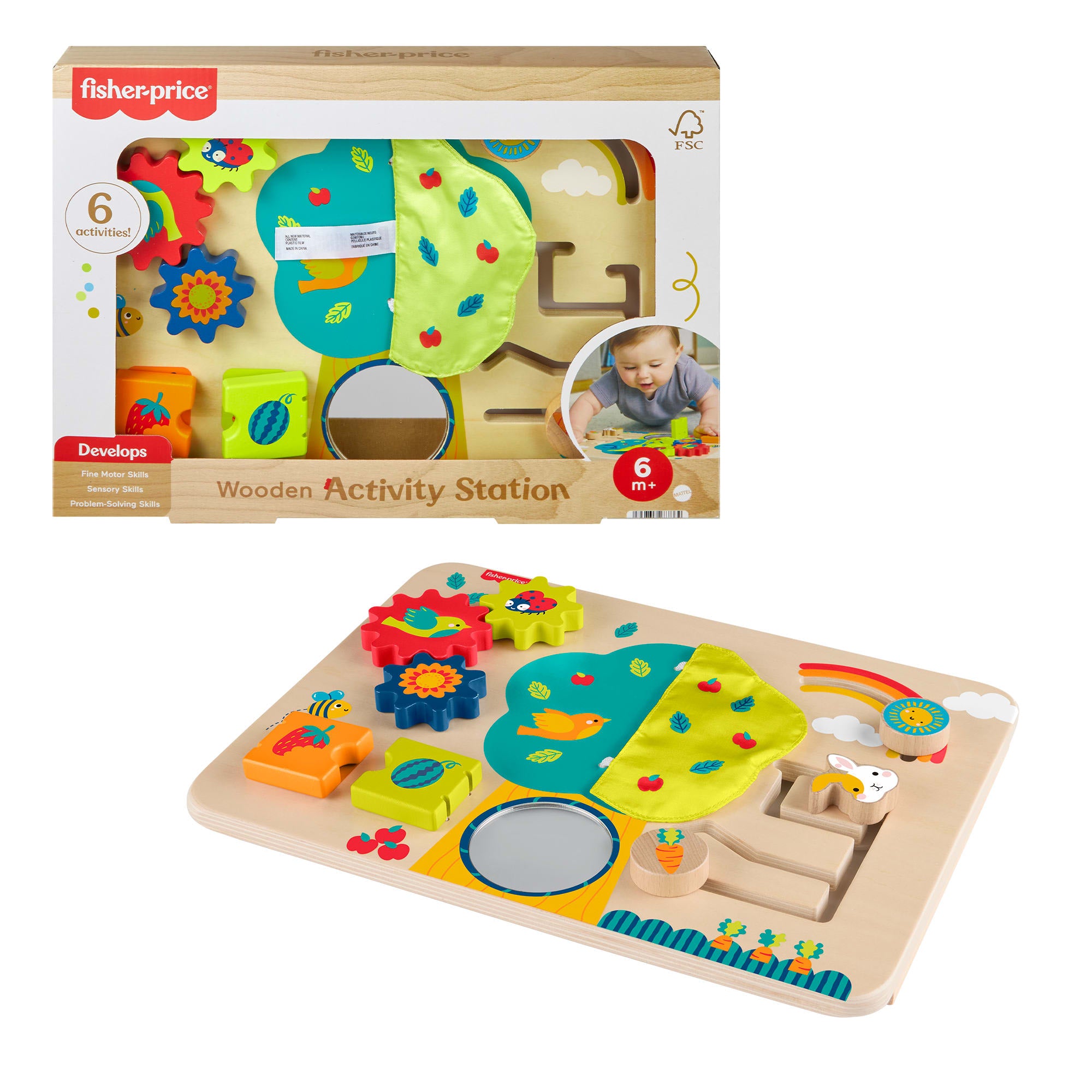 fisher price Fisher-Price Wooden Activity Station Baby Busy Board Toy For Developmental Play, 1 Wood Piece