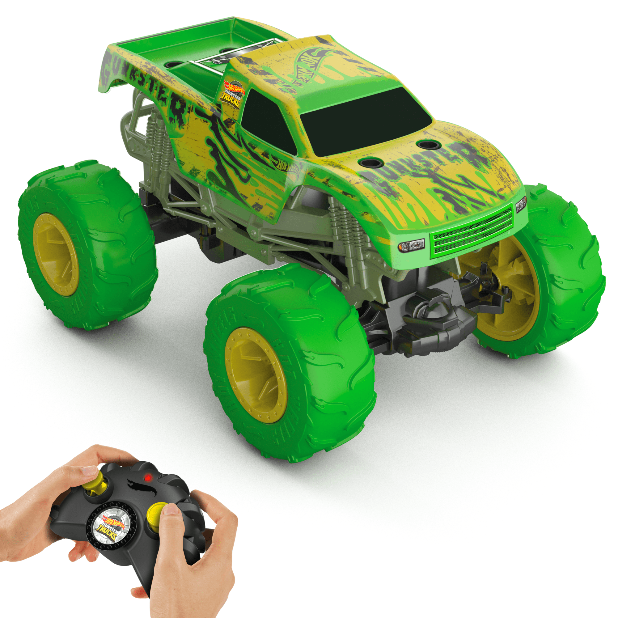 fisher price Hot Wheels Monster Trucks 1:15 Scale Gunkster Battery-Powered RC Truck, Glows in The Dark With All-Terrain Tires