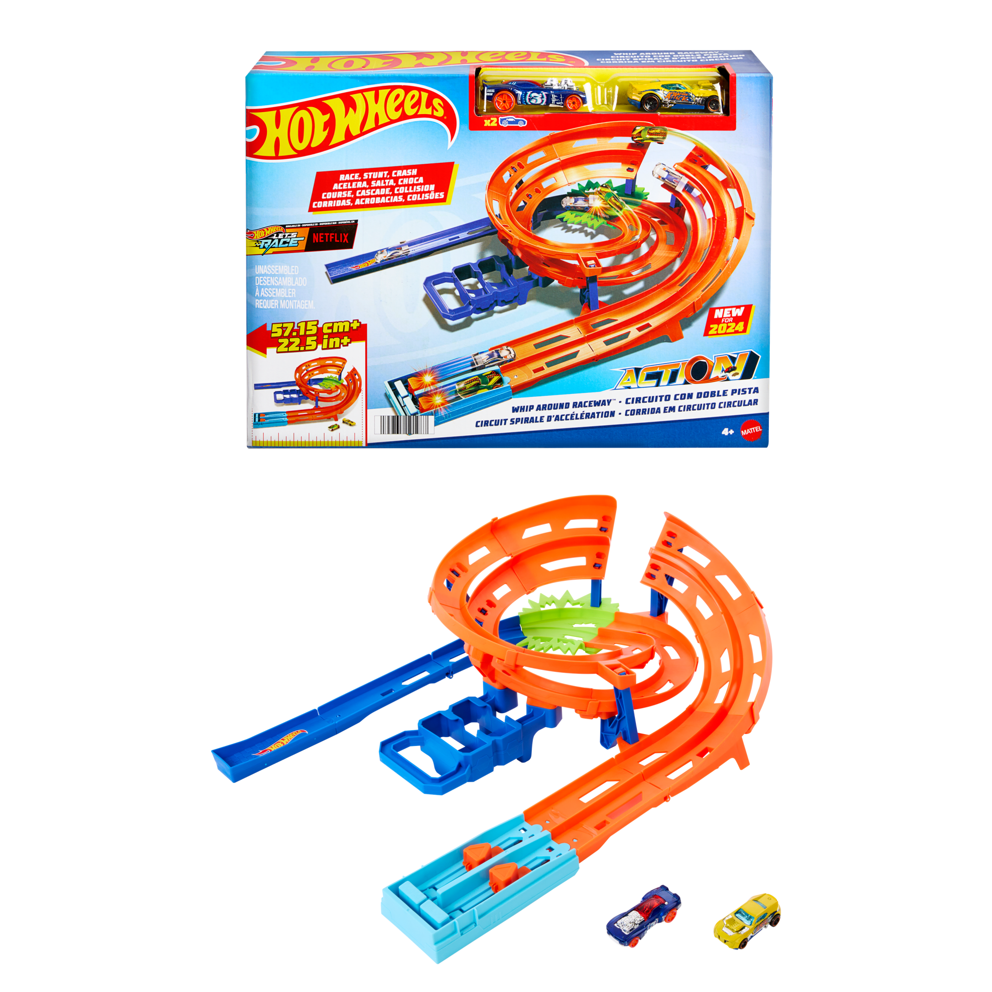 fisher price Hot Wheels Whip Around Raceway, 2 Toy Cars in 1:64 Scale, Storage