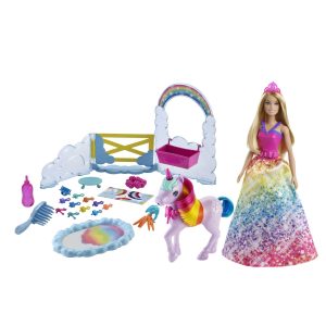 fisher price Barbie Dreamtopia Unicorn Pet Playset With Royal Fashion Doll, Unicorn Toy, Color Change, Potty Feature & 18 Accessories