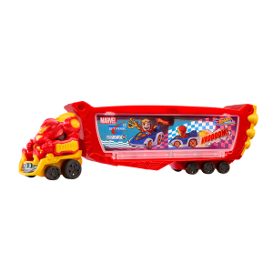 fisher price Hot Wheels Racerverse Marvel Hulkbuster Hauler, Stores Up To 10 Toy Cars, Detachable Cab With Flip-Up Helmet & Non-Removable Figure