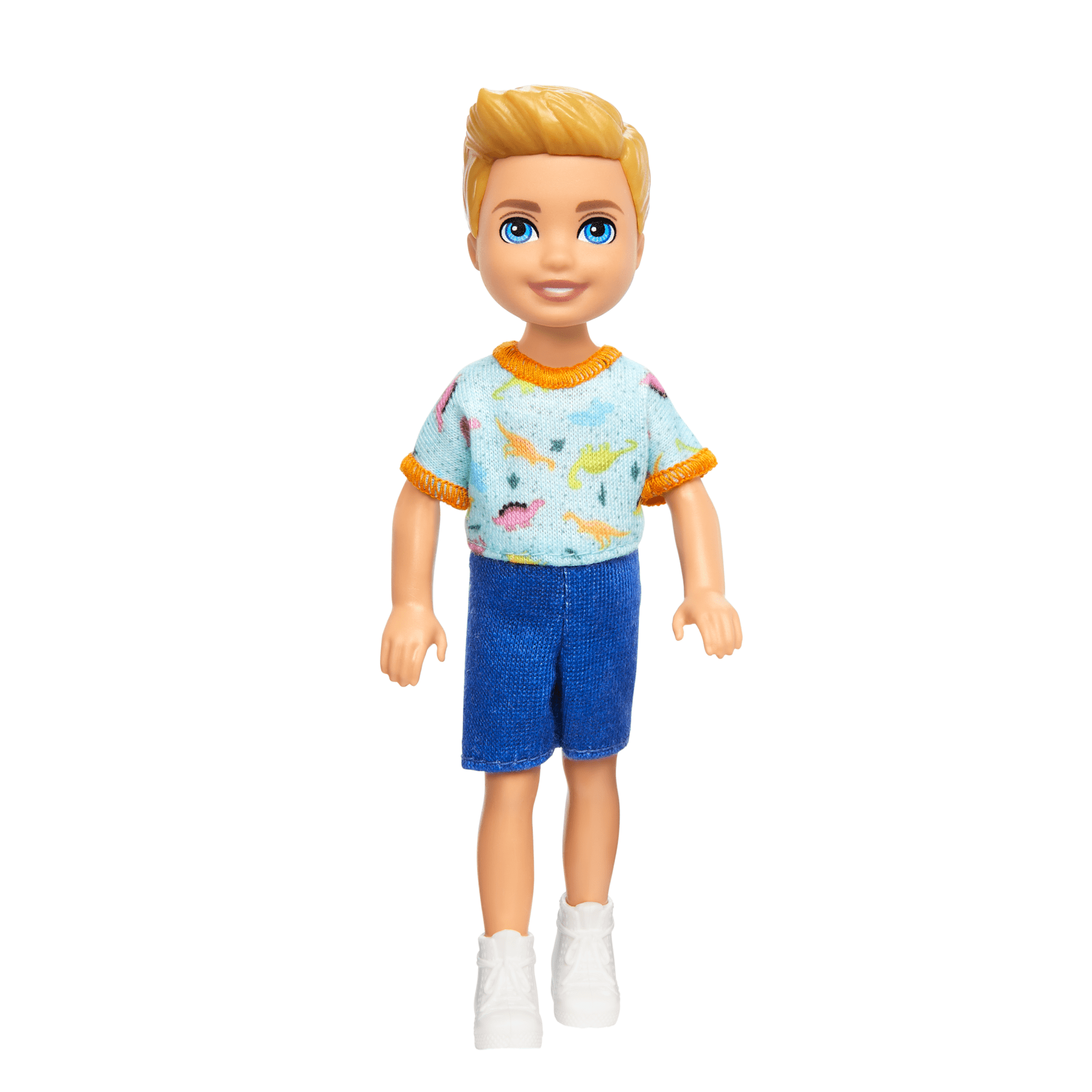 fisher price Barbie Chelsea Doll, Small Boy Doll Wearing Removable One-Piece With Dino Print, Blond Hair & Blue Eyes