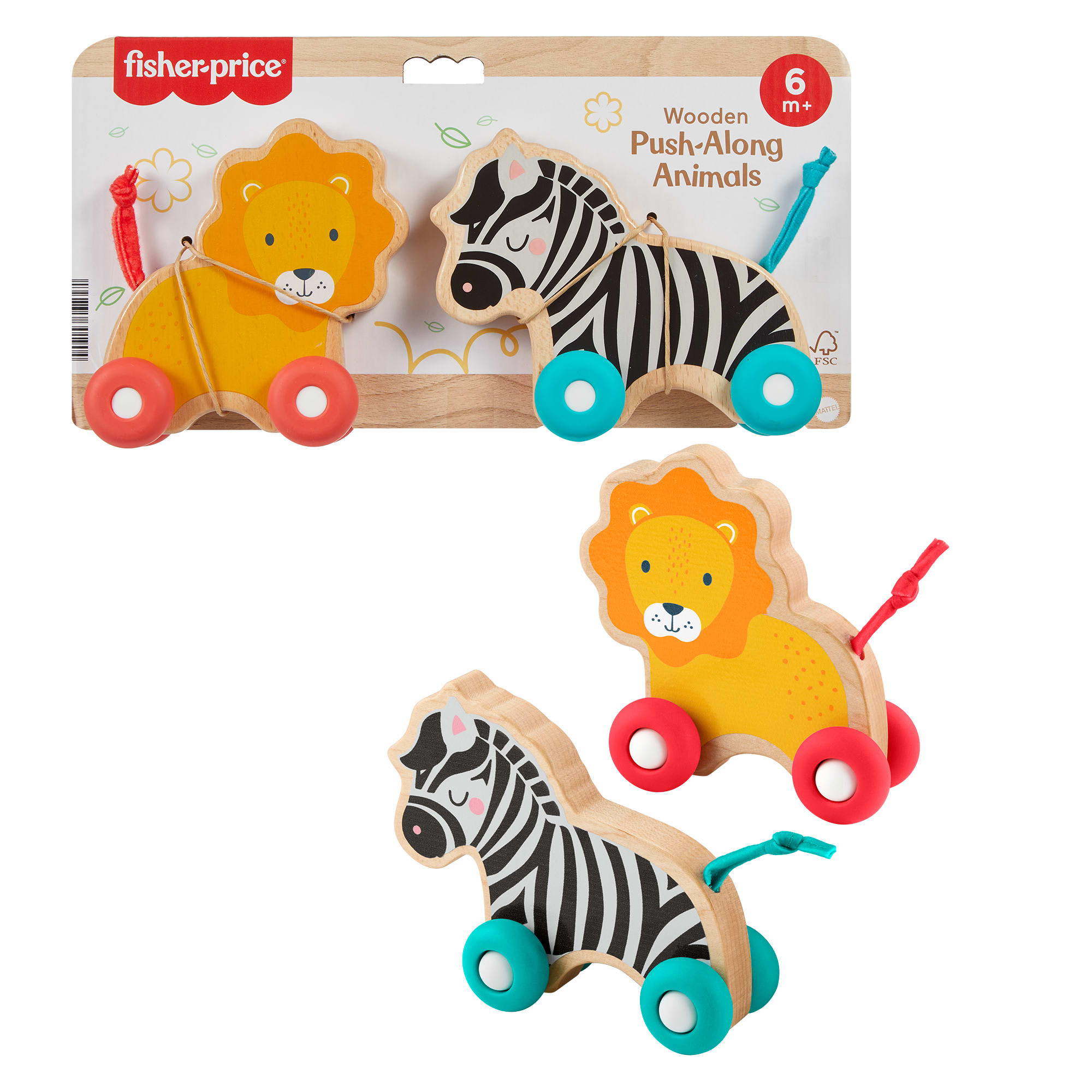 fisher price Fisher-Price Wooden Push Along Animals, Lion & Zebra Toy Vehicles For Baby Crawling Play