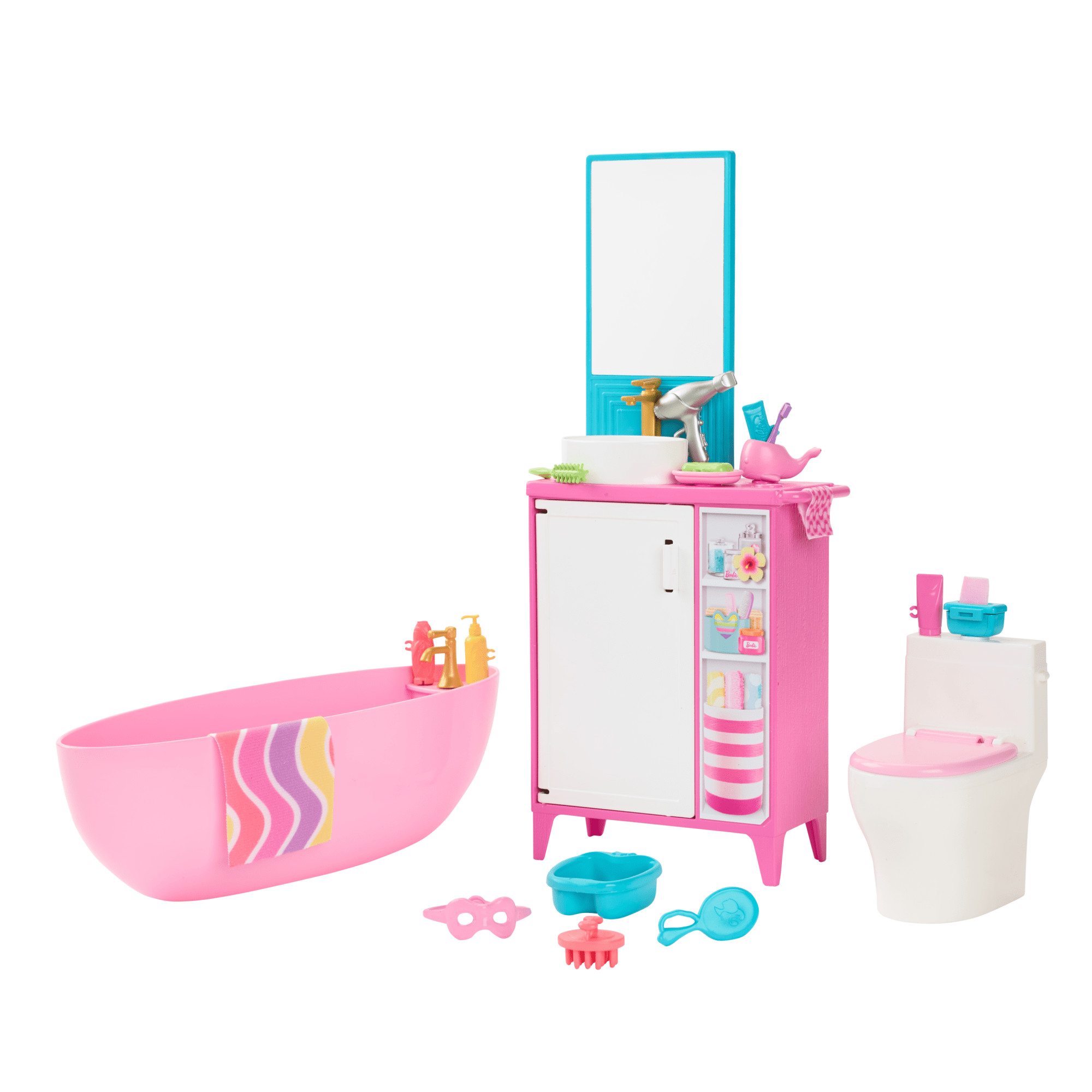 fisher price Barbie World Bathtime Toy Playset With 19 Dollhouse Accessories including Bathtub, Toilet, & Vanity