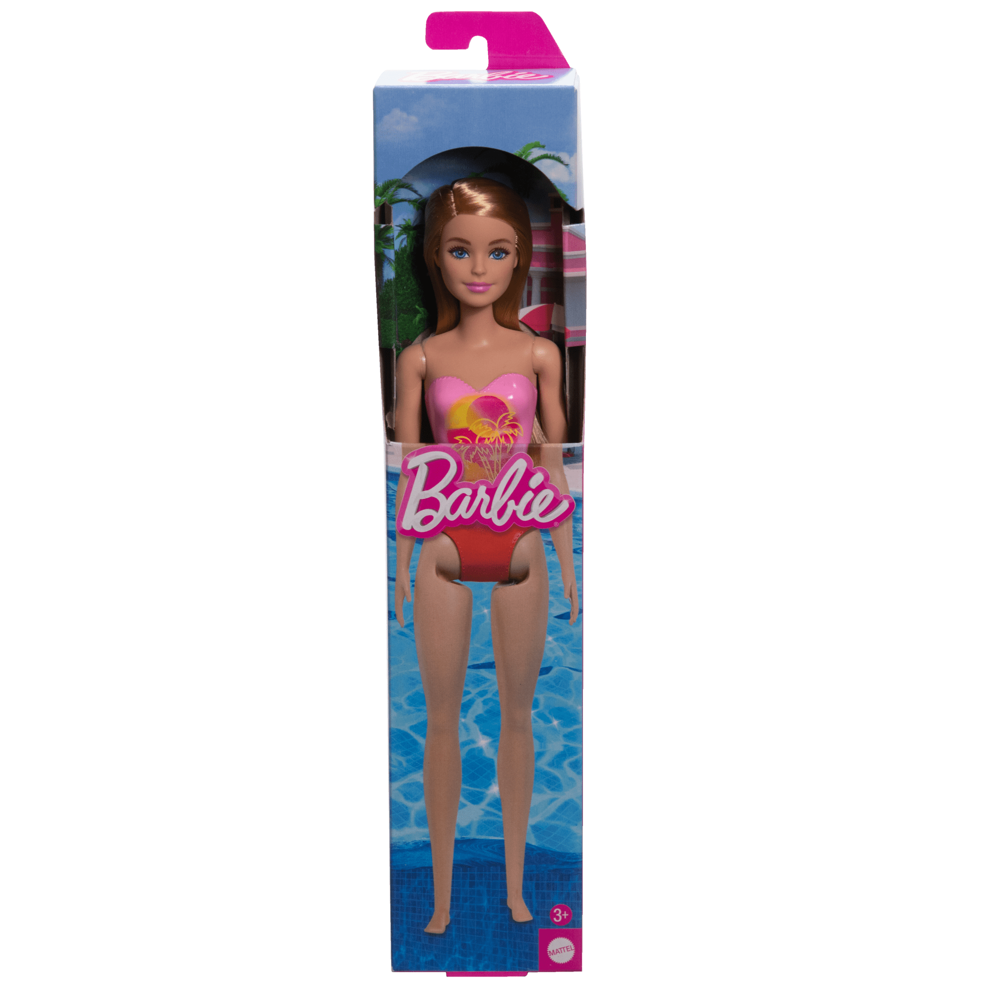 fisher price Beach Barbie Doll With Blond Hair Wearing Pink Palm Tree-Print Swimsuit